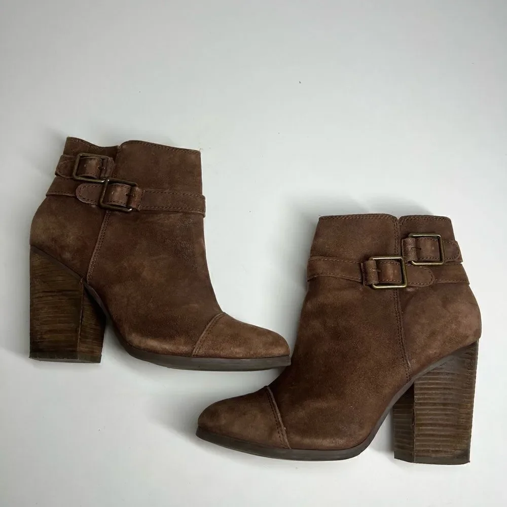 Lucky Brand Womens Lauren Ankle Boots Brown Suede Block Heels Zip Buckle  Sz8M